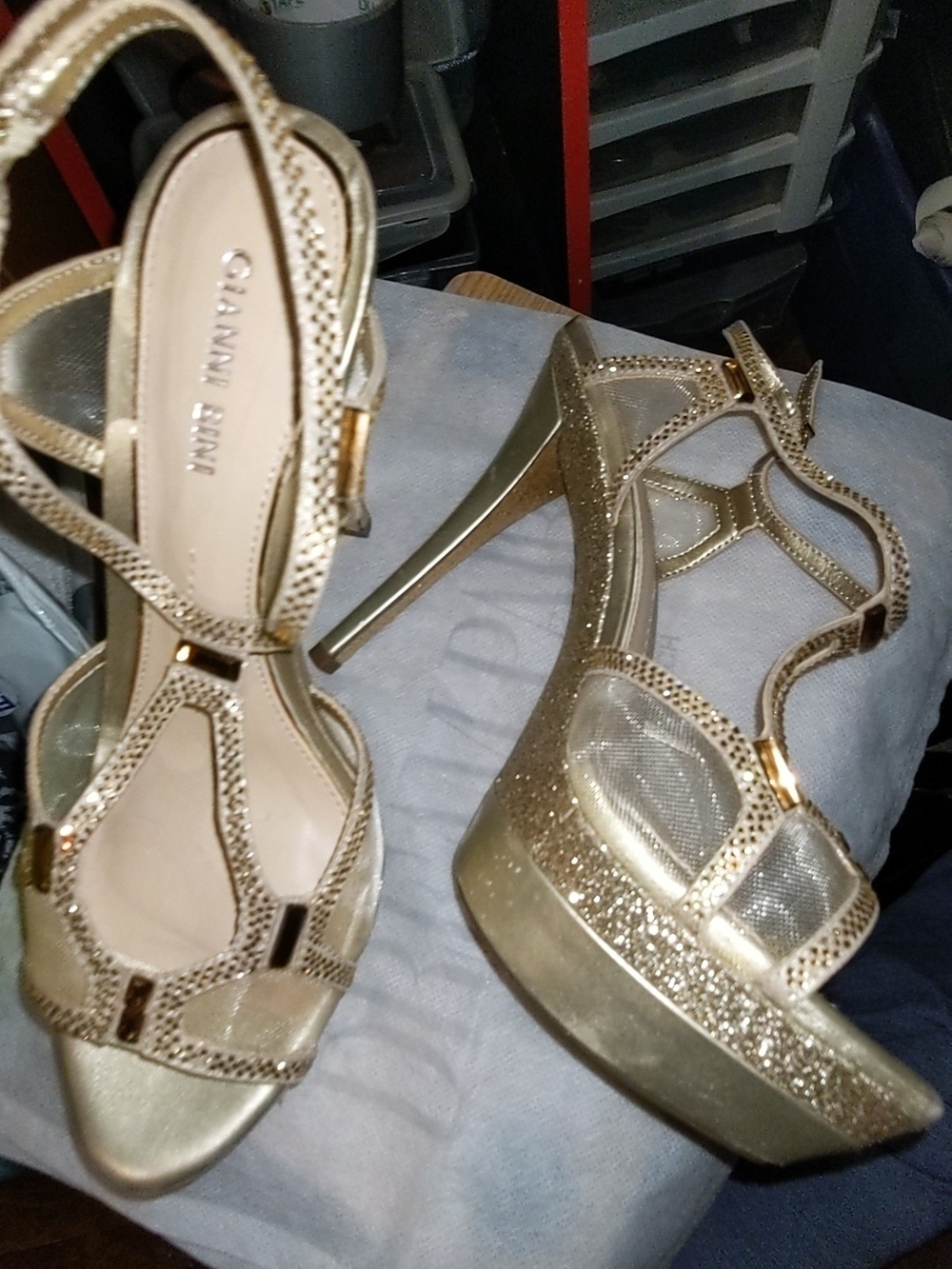 Gianni Bini Gold Glitter T-Strap Platform Heels